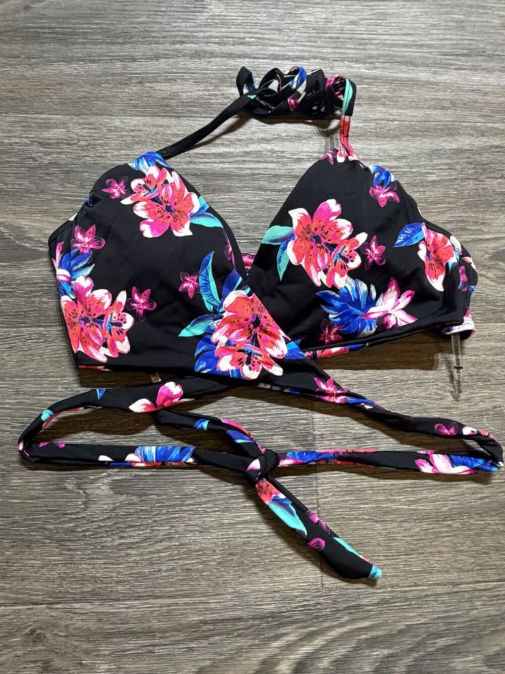 Sundazed Black Floral Halter Bikini Top 36C Adjustable Wrap Design Tropical